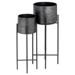 Set of Two Grey Metallic Planters with Black Stands