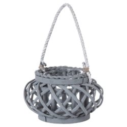 Small Grey Wicker Basket Hurricane Candle Lantern with Rope Handle