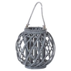 Round Grey Wicker Hurricane Candle Lantern with Rope Handle