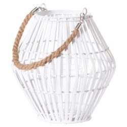 White Wicker Hurricane Candle Lantern with Rope Handle - Choice of Sizes