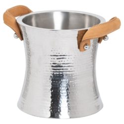 Silver Wine Cooler Bucket with Polished Hammered Finish & Leather Handles