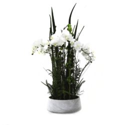 Large Potted Faux White Orchid Plant with Stone Dish