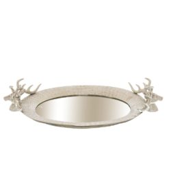 Large Oval Mirrored Silver Platter Serving Tray with Stag Head Detail