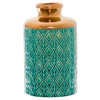 Decorative Peacock Blue Ceramic Vase with Copper Detail