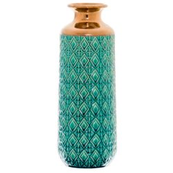 Decorative Tall Peacock Blue Ceramic Vase with Copper Detail
