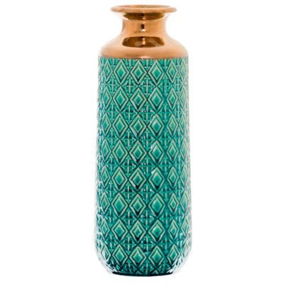 Decorative Tall Peacock Blue Ceramic Vase with Copper Detail