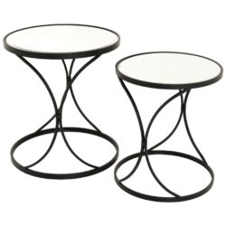 Pair of Round Mirrored Glass Lamp Tables with Curved Black Metal Bases