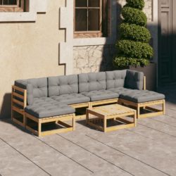 7 Piece Solid Pinewood Pallet Style Outdoor Lounge Set with Grey Cushions