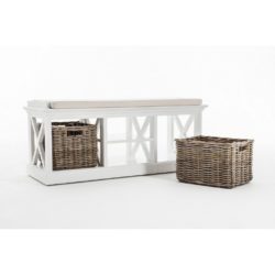 Halifax White Wooden Bench Seat with Rattan Baskets