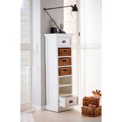 Halifax Tall White Storage Unit with Drawers and Rattan Baskets