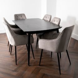 Doncaster Extending Black Ash Wood Dining Table and 6 Grey Velvet Chairs