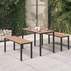 Garden Table and Bench Set in Black Metal & Brown Wood Effect