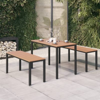 Garden Table and Bench Set in Black Metal & Brown Wood Effect