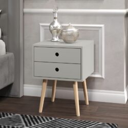 Modern Bedside Table with Drawers & Wooden Legs - White, Light Grey or Dark Blue
