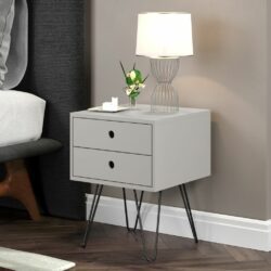 Modern Bedside Table with Drawers & Black Hairpin Legs - White, Light Grey or Dark Blue