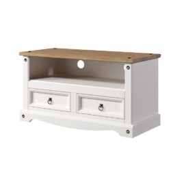 Catrell Rustic White TV Cabinet with Wooden Top in Solid Pine Wood