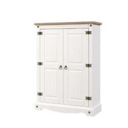 Catrell Rustic White Cupboard Cabinet in Solid Pine Wood