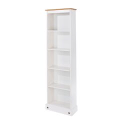 Catrell Tall Slim White Bookcase in Solid Pine Wood