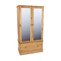 Hereford Solid Pine Double Wardrobe with Mirrored Doors & Drawer