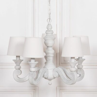 Small White Chandelier with Shades & Distressed Finish