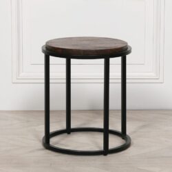 Industrial Round Wooden Side Table with Black Metal Base