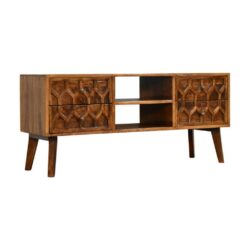 Beehive Chestnut Wooden TV Cabinet with Carved Wood Design