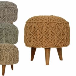 Boho Crochet Footstool with Wooden Legs - Beige, Green, Grey or Mustard
