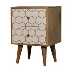 Chatura Wooden Bedside Cabinet with White & Brass Honeycomb Patterned Drawers