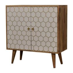 Chatura White and Wooden Cabinet with Brass Honeycomb Pattern
