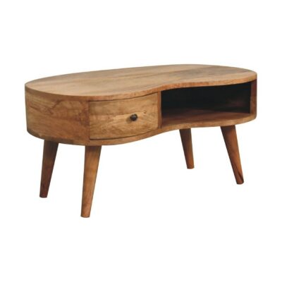 Curved Wooden Coffee Table with Drawer in a Kidney Shape