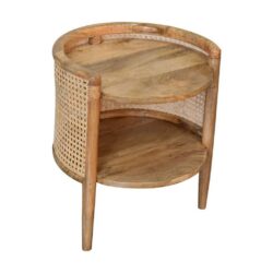 Lydia Open Round Wood and Rattan Bedside Table