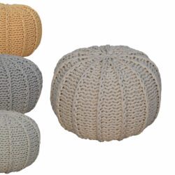 Round Boho Cable Knit Footstool Pouffe - Cream, Green, Grey or Brown