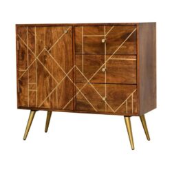 Retro Chestnut Wooden Cabinet with Abstract Gold Inlay Pattern