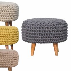 Chunky Knitted Footstool with Wooden Legs - Beige, White, Grey or Mustard