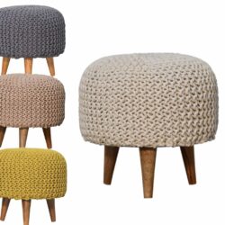 Round Chunky Knitted Footstool with Wooden Legs - Beige, White, Grey or Mustard