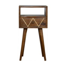 Small Chestnut Wooden Bedside Table with Drawer and Brass Inlay