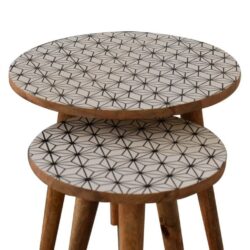 Yasmin Modern Round Wooden Side Table Set with White Patterned Tops