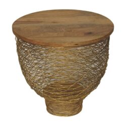 Birds Nest Round Gold Lamp Table with Wooden Top