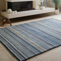 Fingal Modern Striped Blue Rug in Pure Wool - Choice of Sizes