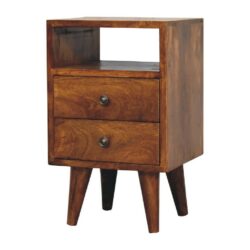 Modern Small Wooden Chestnut Bedside Table with 2 Drawers & Open Slot
