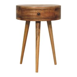 Noah Round Small Wooden Bedside Table with Drawer & Oak Finish