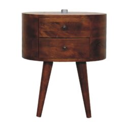 Rounded Chestnut Wooden Bedside Table with Reading Light