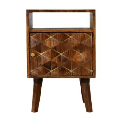 Shobhan Chestnut Wooden Bedside Cabinet Lamp Table with Brass Inlay
