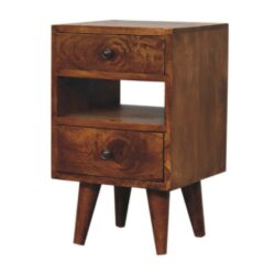 Small Wooden Chestnut Bedside Table with 2 Drawers & Slot