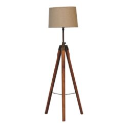 Vintage Brass and Wood Tripod Floor Lamp with Neutral Shade