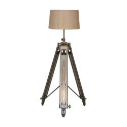Vintage Height Adjustable Silver Metal Tripod Lamp with Natural Shade