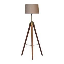 Vintage Polished Brass and Wood Tripod Floor Lamp with Neutral Shade