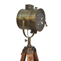 Vintage Spotlight Wood and Brass Tripod Floor Lamp