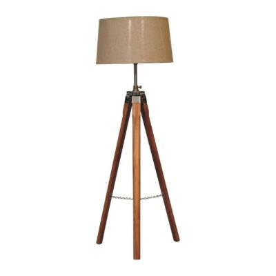 Vintage Tripod Wooden Floor Lamp with Natural Shade