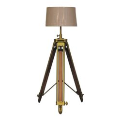 Vintage Wood and Brass Tripod Floor Lamp with Neutral Jute Shade